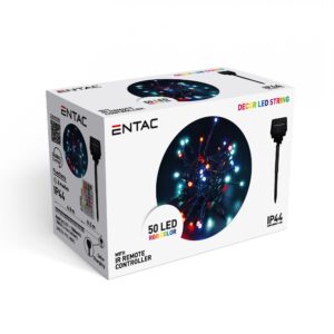 Entac Karácsonyi IP44 50 LED Füzér RGB 5,4m Leszúrható Napelemes Konzollal, IR Távirányítóval | BR (SKU:ECL-S50-RGB) Kültéri füzér