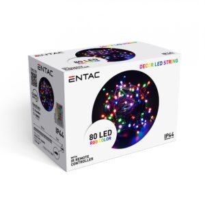 Entac Karácsonyi IP44 50 LED Füzér RGB 5,4m Leszúrható Napelemes Konzollal, IR Távirányítóval | BR (SKU:ECL-S50-RGB) Kültéri füzér