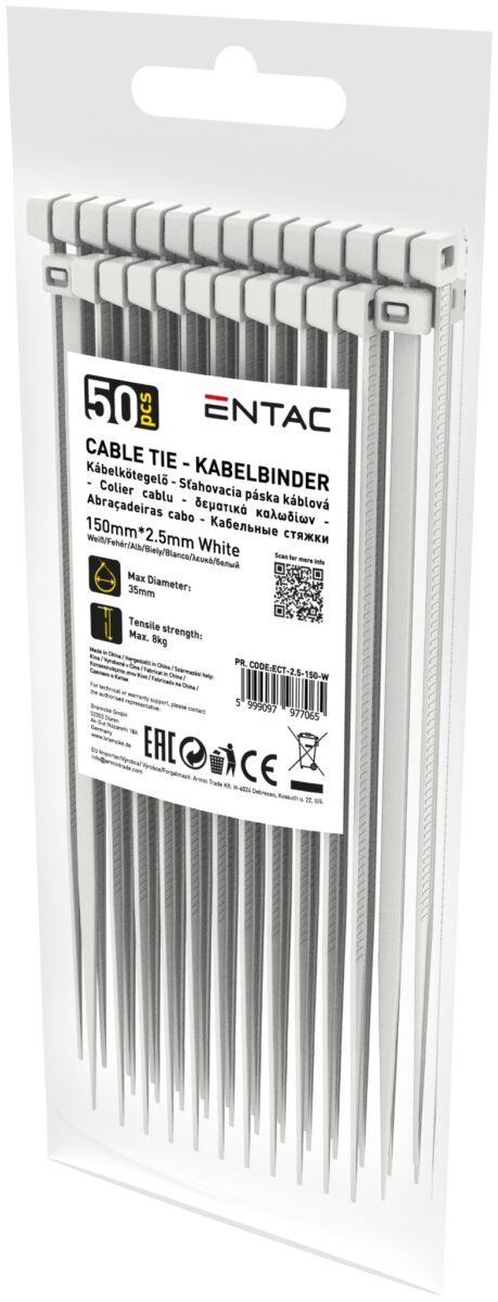 Entac Kábelkötegelő 2.5mmx150mm Fehér | BR (SKU:ECT-2.5-150-W) Kábelkötegelők
