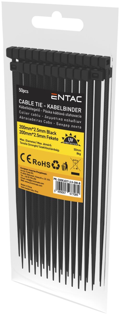 Entac Kábelkötegelő 2.5mmx200mm Fekete | BR (SKU:ECT-2.5-200-B) Kábelkötegelők