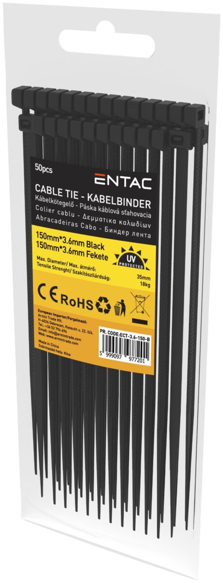 Entac Kábelkötegelő 3.6mmx150mm Fekete | BR (SKU:ECT-3.6-150-B) Kábelkötegelők