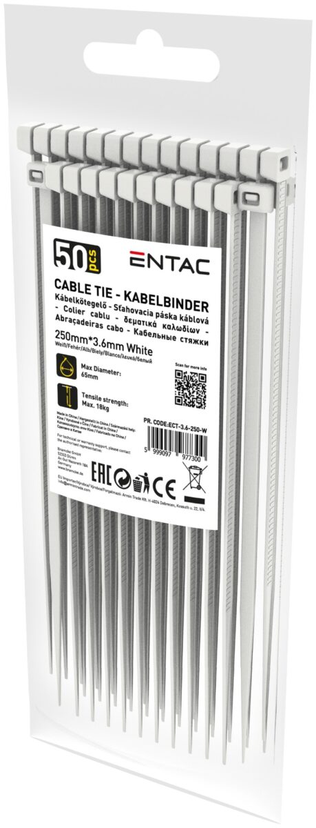 Entac Kábelkötegelő 3.6mmx250mm Fehér | BR (SKU:ECT-3.6-250-W) Kábelkötegelők