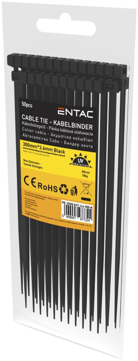 Entac Kábelkötegelő 3.6mmx300mm Fekete | BR (SKU:ECT-3.6-300-B) Kábelkötegelők