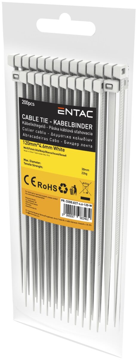 Entac Kábelkötegelő 4.6mmx120mm Fehér 200db/Bliszter | BR (SKU:ECT-4.6-120-W) Kábelkötegelők