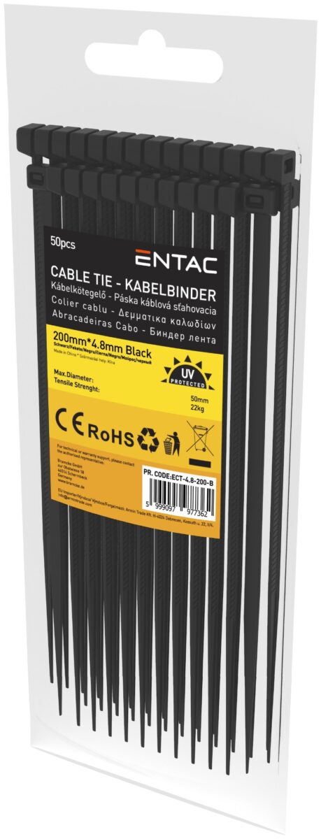 Entac Kábelkötegelő 4.8mmx200mm Fekete | BR (SKU:ECT-4.8-200-B) Kábelkötegelők