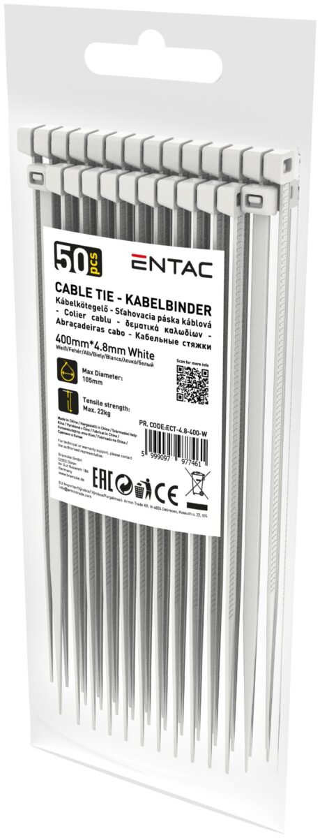 Entac Kábelkötegelő 4.8mmx400mm Fehér | BR (SKU:ECT-4.8-400-W) Kábelkötegelők