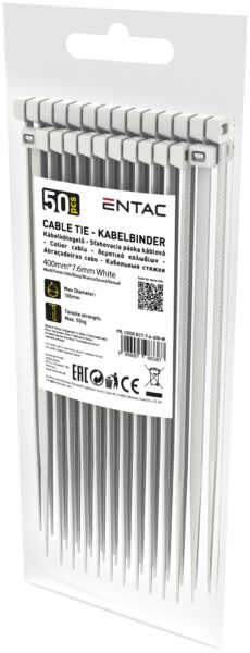 Entac Kábelkötegelő 7.6mmx400mm Fehér 50db/csomag | BR (SKU:ECT-7.6-400-W) Kábelkötegelők
