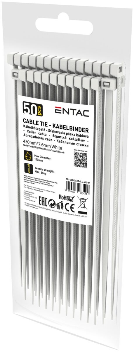 Entac Kábelkötegelő 7.6mmx450mm Fehér | BR (SKU:ECT-7.6-450-W) Kábelkötegelők