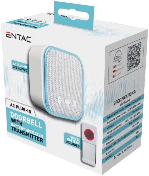 Entac Hálózati Ajtócsengő, Elemes IP44 Adókészülékkel 1xCR2032 Tart. | BR (SKU:EDB-AC-44) Ajtócsengők
