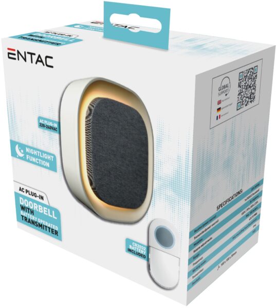 Entac Hálózati Ajtócsengő Éjjeli Fény Funkcióval, Elemes IP44 Adókészülékkel 1xCR2032 Tart. | BR (SKU:EDB-AC-44-L) Ajtócsengők