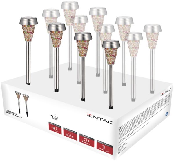 Entac Kerti Szolár Lámpa 400mm Rozsdamentes acél Színes Mozaik Üveg 1 LED 12/display | BR (SKU:EGSL-SS1LC40M-PDQ) Szolár lámpák