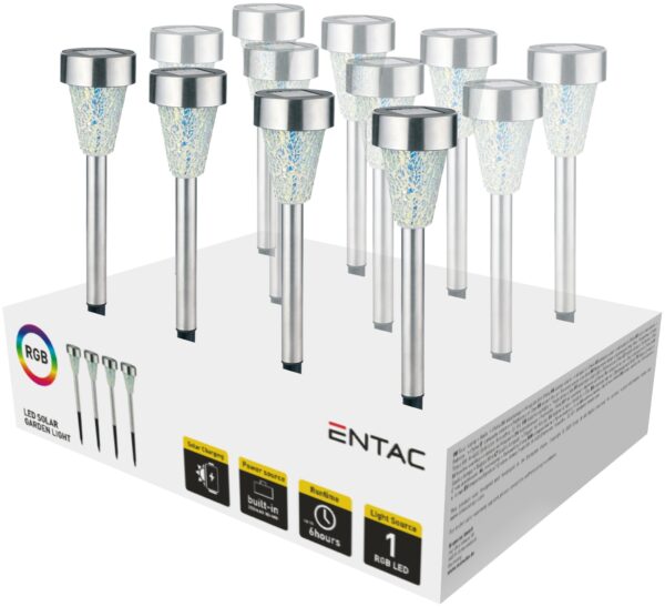 Entac Kerti Szolár Lámpa 400mm Rozsdamentes acél Mozaik Üveg 1 LED RGB 12/kínáló | BR (SKU:EGSL-SS1LC40RGB-PDQ) Fémházas egyszerű
