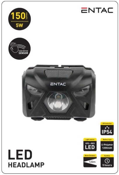 Entac Fejlámpa 5W Szenzoros XPE+Piros fény, Fekete | BR (SKU:EHL-5W-PB-S) Fejlámpák