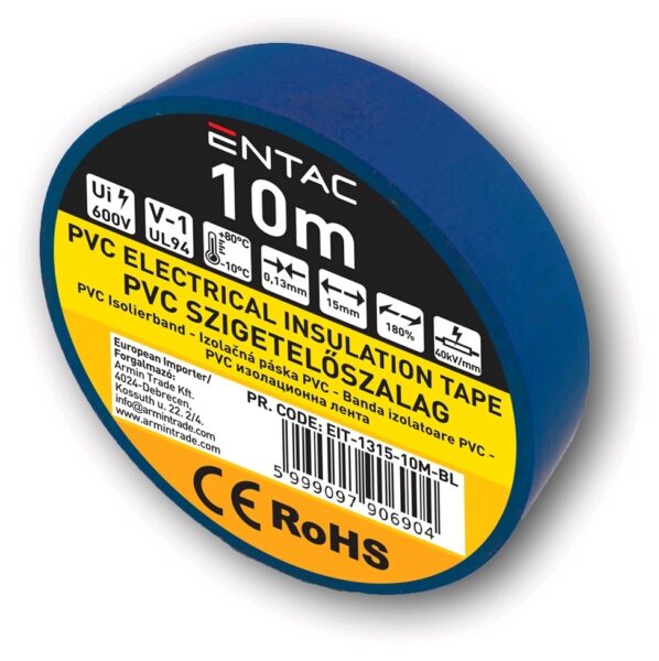 Entac Szigetelőszalag 0.13x15mm Kék 10m | BR (SKU:EIT-1315-10M-BL) Szigetelőszalagok