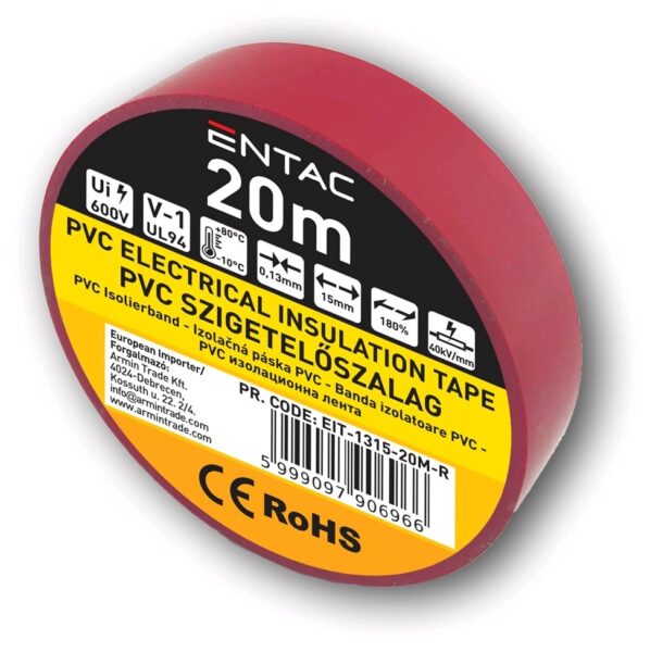 Entac Szigetelőszalag 0.13x15mm Piros 20m | BR (SKU:EIT-1315-20M-R) Szigetelőszalagok