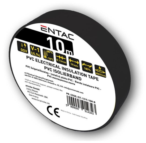 Entac Szigetelőszalag 0.13x19mm Fekete 10m | BR (SKU:EIT-1319-10M-B) Szigetelőszalag