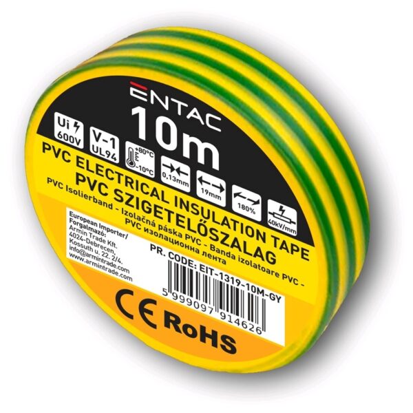 Entac Szigetelőszalag 0.13x19mm Zöld-Sárga 10m | BR (SKU:EIT-1319-10M-GY) Szigetelőszalag