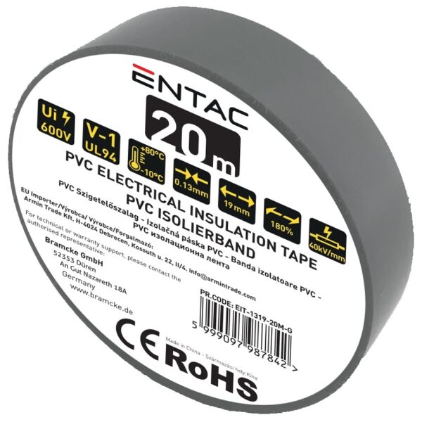 Entac Szigetelőszalag 0.13x19mm Szürke 20m | BR (SKU:EIT-1319-20M-G) Szigetelőszalag