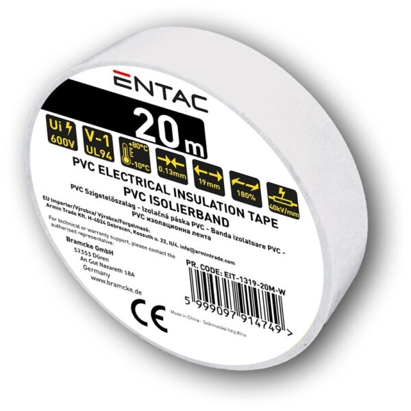 Entac Szigetelőszalag 0.13x19mm Fehér 20m | BR (SKU:EIT-1319-20M-W) Szigetelőszalag