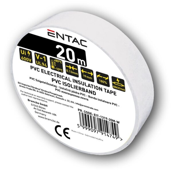 Entac Szigetelőszalag 0.13x19mm Fehér 20m | BR (SKU:EIT-1319-20M-W) Szigetelőszalag