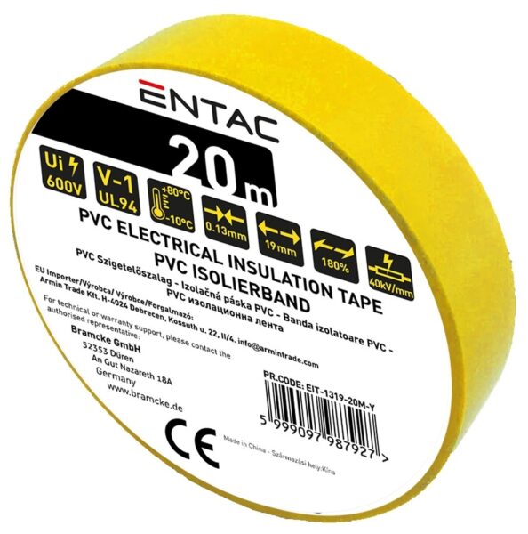 Entac Szigetelőszalag 0.13x19mm Citromsárga 20m | BR (SKU:EIT-1319-20M-Y) Szigetelőszalagok Entac Szigetelőszalag 0.13x19mm Citromsárga 20m | BR (SKU:EIT-1319-20M-Y) Szigetelőszalagok