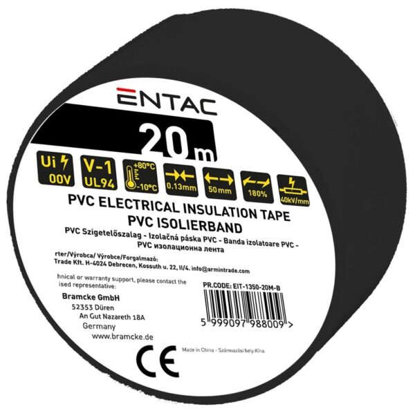 Entac Szigetelőszalag 0.13x50mm Fekete 20m | BR (SKU:EIT-1350-20M-B) Szigetelőszalag
