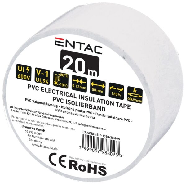 Entac Szigetelőszalag 0.13x50mm Fehér 20m | BR (SKU:EIT-1350-20M-W) Szigetelőszalag