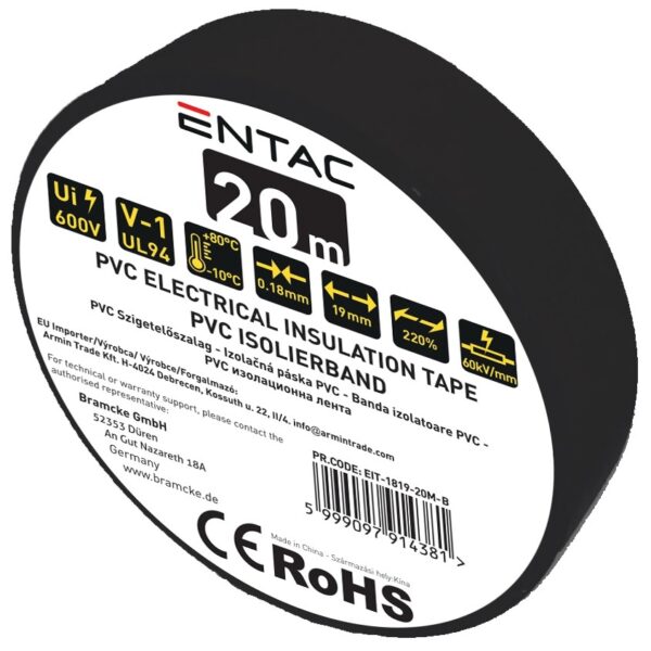 Entac Szigetelőszalag 0.18x19mm Fekete 20m | BR (SKU:EIT-1819-20M-B) Szigetelőszalag