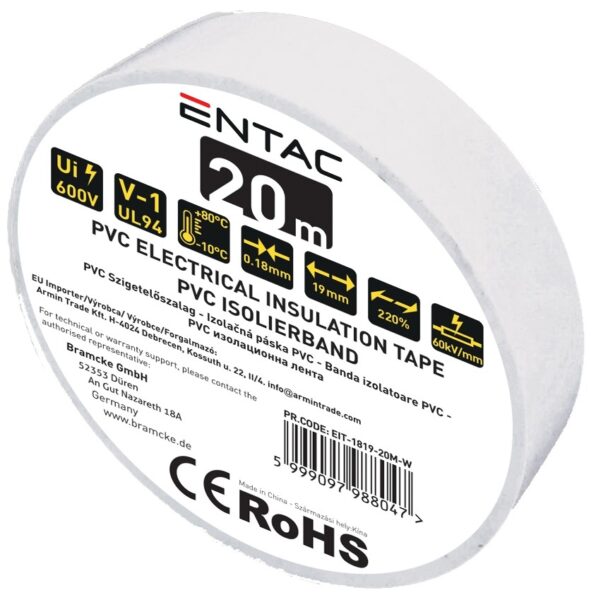 Entac Szigetelőszalag 0.18x19mm Fehér 20m | BR (SKU:EIT-1819-20M-W) Szigetelőszalag