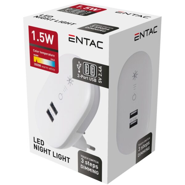 Entac Éjjeli Fény 3000K Fényerőszabályzós 2 USB Porttal | BR (SKU:ENL-2USB-D) Éjjeli fény