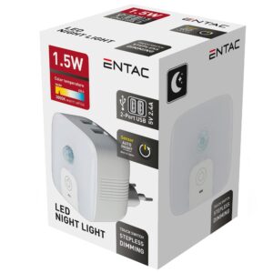 Entac Éjjeli Fény 3000K PIR szenzorral és 2 USB Porttal | BR (SKU:ENL-2USB-PIR) Éjjeli fény