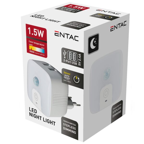 Entac Éjjeli Fény 3000K PIR szenzorral és 2 USB Porttal | BR (SKU:ENL-2USB-PIR) Éjjeli fény Entac Éjjeli Fény 3000K PIR szenzorral és 2 USB Porttal | BR (SKU:ENL-2USB-PIR) Éjjeli fény