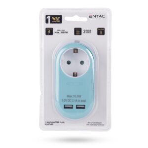 Entac Hálózati Adapter 1 Földelt Aljzat és 2 USB (össz. 2.1A) Kék | BR (SKU:EPAG-1EE-2USB-B)