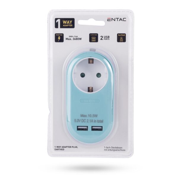 Entac Hálózati Adapter 1 Földelt Aljzat és 2 USB (össz. 2.1A) Kék | BR (SKU:EPAG-1EE-2USB-B)