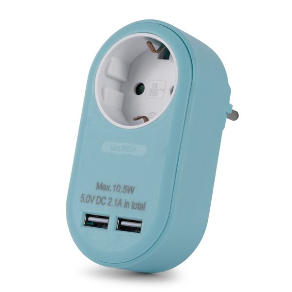 Entac Hálózati Adapter 1 Földelt Aljzat és 2 USB (össz. 2.1A) Kék *Sérült Csomagolás* | BR (SKU:EPAG-1EE-2USB-B-SCS) Hálózati adapter