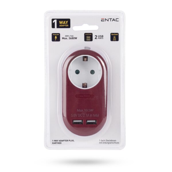 Entac Hálózati Adapter 1 Földelt Aljzat és 2 USB (össz. 2.1A) Burgundi vörös | BR (SKU:EPAG-1EE-2USB-BR) Hálózati adapter