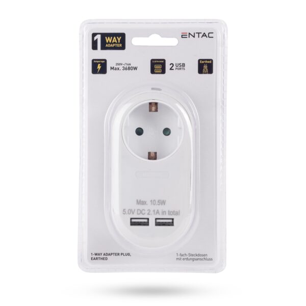 Entac Hálózati Adapter 1 Földelt Aljzat és 2 USB (össz. 2.1A) Fehér | BR (SKU:EPAG-1EE-2USB-W) Hálózati adapter