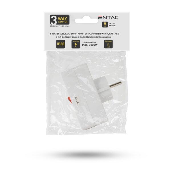 Entac Hálózati Adapter 3 Aljzat (1 Földelt, 2 Euro) Kapcsolóval | BR (SKU:EPAG-1EE2E-SW) Hálózati adapter