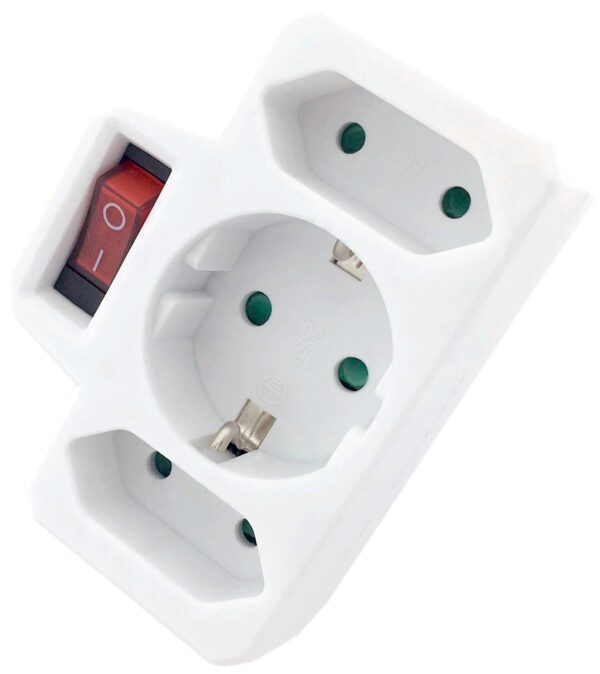 Entac Hálózati Adapter 3 Aljzat (1 Földelt, 2 Euro) Kapcsolóval | BR (SKU:EPAG-1EE2E-SW) Hálózati adapter