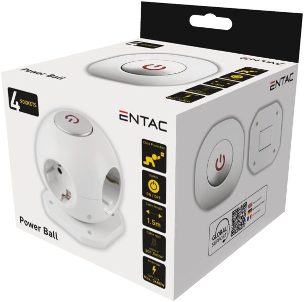 Entac Gömb Elosztó 4 Foglalattal, Kapcsolóval 1.5m 3G1.5 | BR (SKU:ESC1.5G3-GLOBE) Kapcsolós