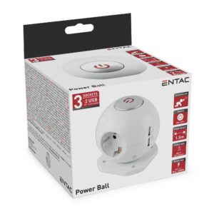 Entac Gömb Elosztó 3 Foglalattal, 2×2.1A USB-vel Kapcsolóval 1.5m 3G1.5 | BR (SKU:ESC1.5G3-USB-GLOBE)