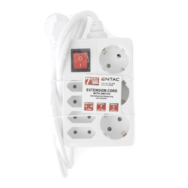 Entac M1 Elosztó 7 Foglalat Kapcsolóval 3x16A 4×2.5A 1,5m 3G1.5 | BR (SKU:ESE1.5G3X4-1.5-SW) Kapcsolós