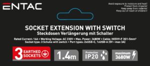 Entac S1 Elosztó 3 Foglalat Kapcsolóval 1,4m 3G1.5 2xUSB-C 1xUSB-A | BR (SKU:ESE1.5G3-1.4-SW-USBA-2USBC) Kapcsolós