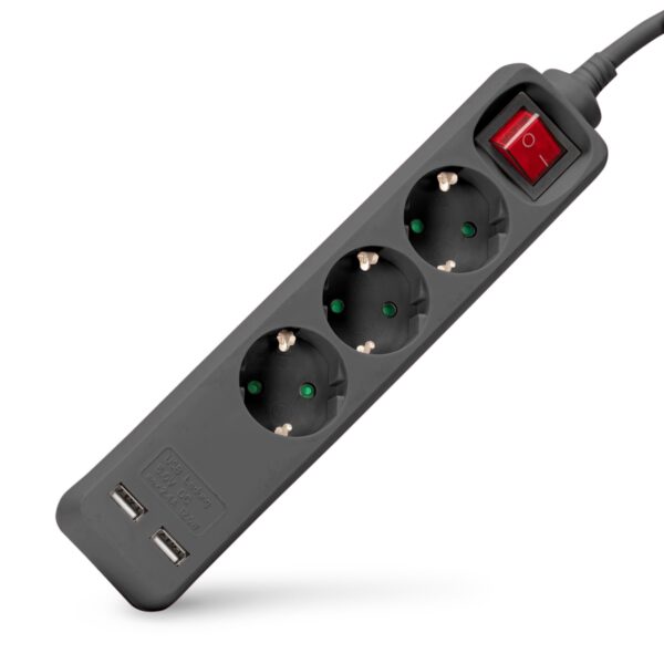 Entac S1 Elosztó 3 Foglalat Kapcsolóval 1,5m 3G1.5 2 USB Fekete | BR (SKU:ESE1.5G3-1.5-SW-USB-B) Kapcsolós