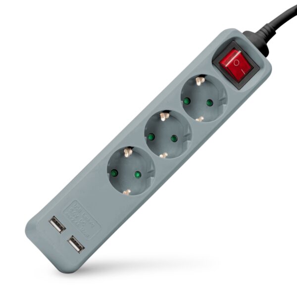 Entac S1 Elosztó 3 Foglalat Kapcsolóval 1,5m 3G1.5 2 USB Szürke | BR (SKU:ESE1.5G3-1.5-SW-USB-GR) Kapcsolós