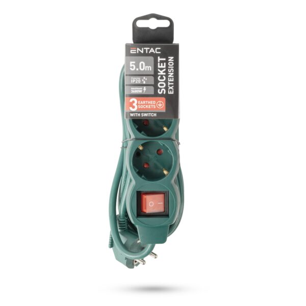 Entac S1 Elosztó 3 Foglalat Kapcsolóval 5m 3G1.5, Zöld | BR (SKU:ESE1.5G3-5-SW-G) Kapcsolós