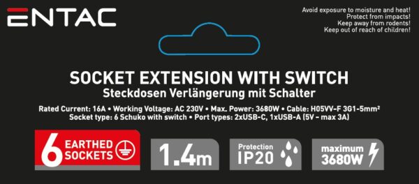 Entac S1 Elosztó 6 Foglalat Kapcsolóval 1,4m 3G1.5 2xUSB-C 1xUSB-A | BR (SKU:ESE1.5G6-1.4-SW-USBA-2USBC) Kapcsolós