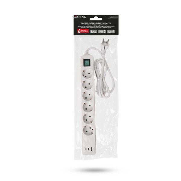 Entac Elosztó 6 Foglalat és 2xUSB-A Kapcsolóval 2m 3G1.5 Túlfesz.védelemmel | BR (SKU:ESE1.5G6-2-USB-SW-SP) Kapcsolós