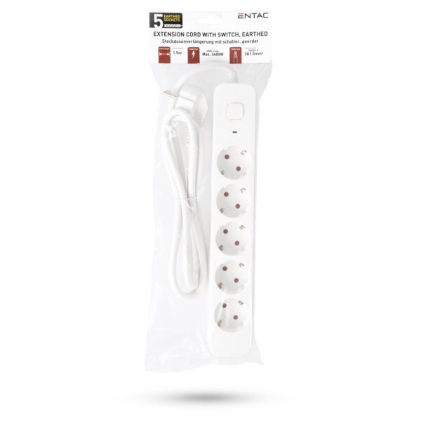Entac D2 Elosztó 5 Foglalat Kapcsolóval 1.5m 3G1.5 | BR (SKU:ESES1.5G5-1.5-SW) Kapcsolós