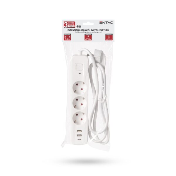 Entac D2 Elosztó 3 Foglalat Kapcsolóval 1.5m 2xUSB-A + 1xUSB-C 3G1.5 | BR (SKU:ESES1.5G3-1.5-SW-2UA1UC) Kapcsolós